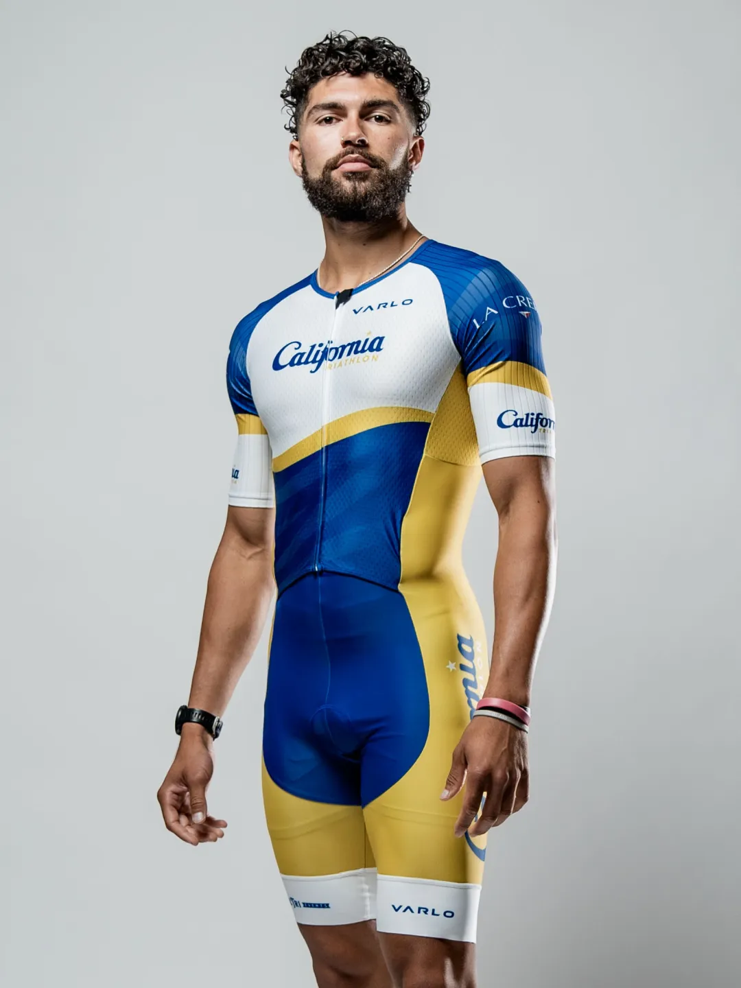 Front view of the official Cal Tri sleeved tri suit by Varlo on a male athlete.