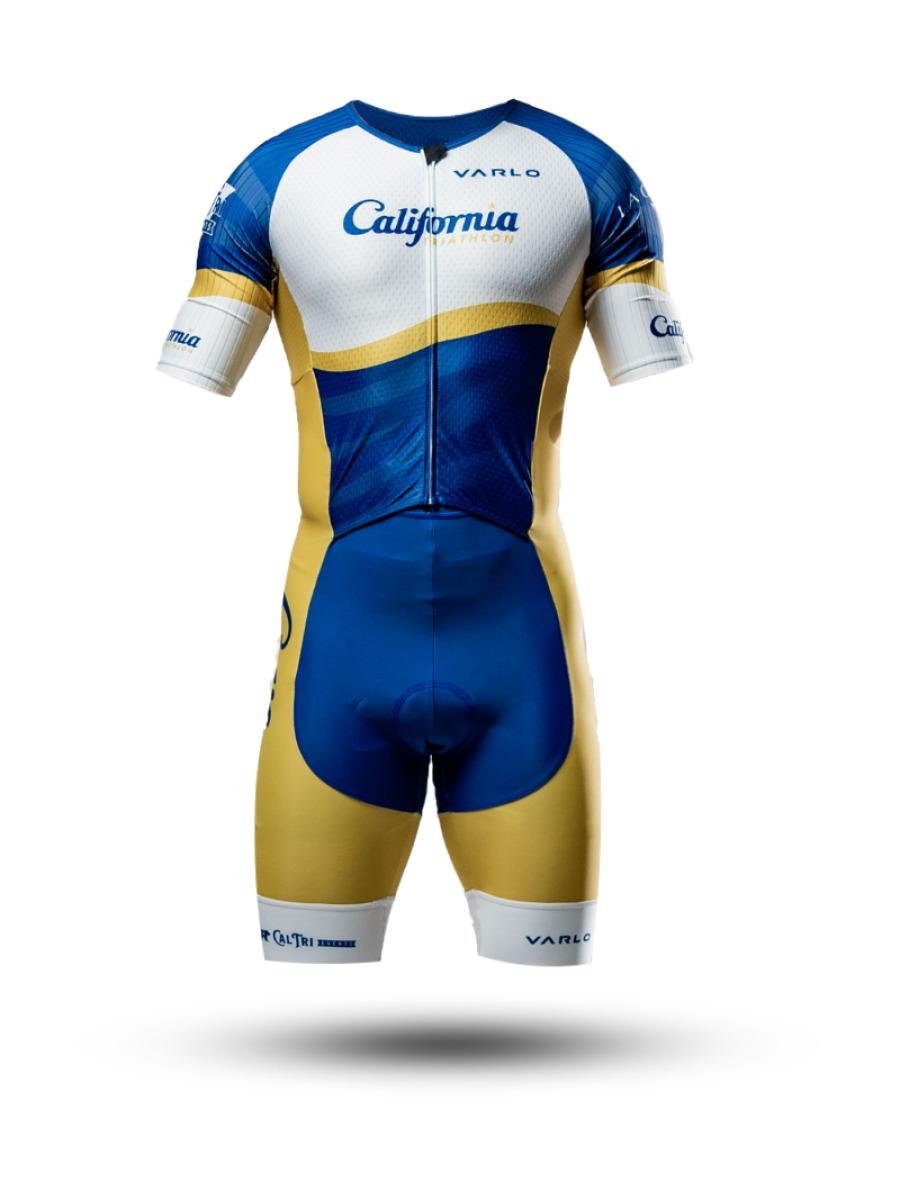 Male model wearing the official Cal Tri sleeved tri suit by Varlo in blue, white, and gold.