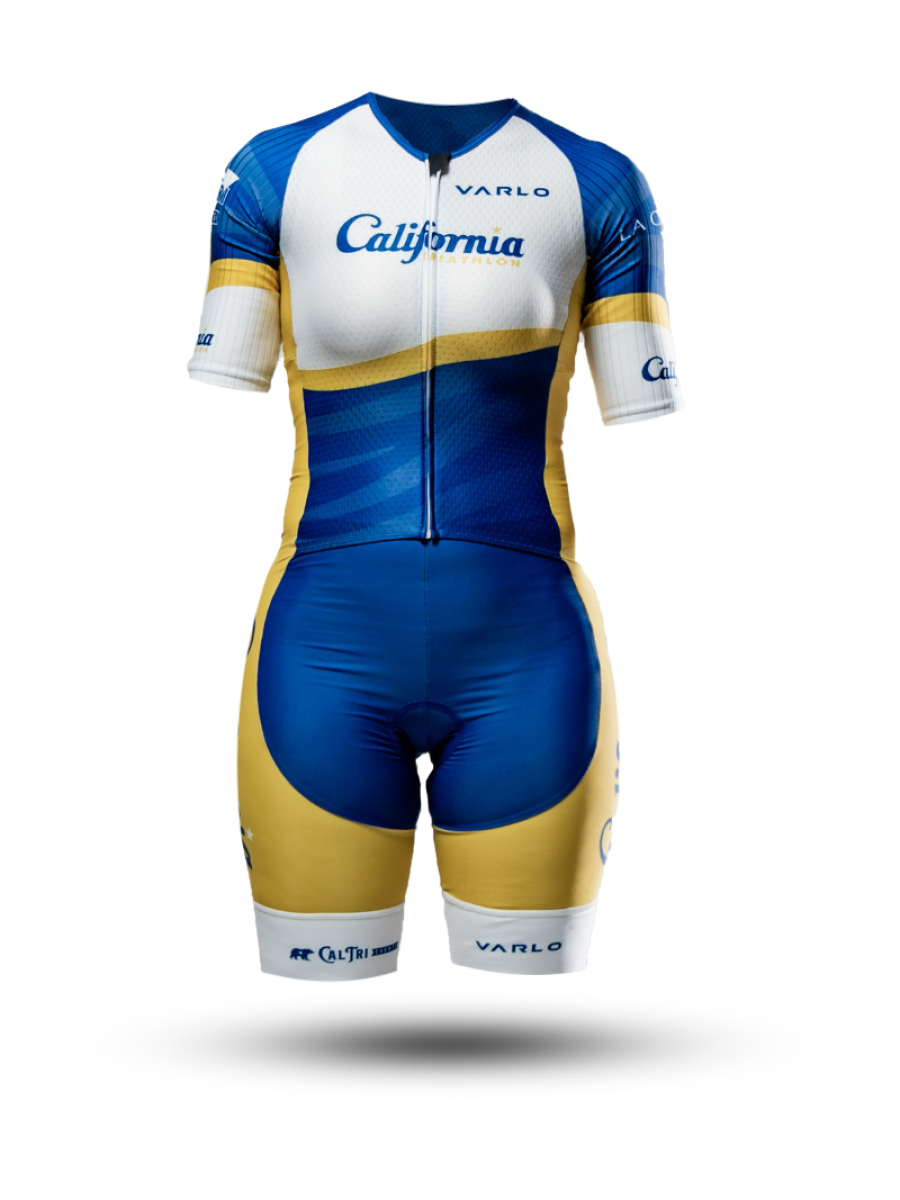 Female model wearing the official Cal Tri sleeved tri suit by Varlo in blue, white, and gold.